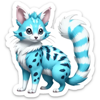 Hyper realistic  neon-cyan fur streaked with lightning-white scars and glassy shine beautiful elegant pretty precious cute  Fakémon-Pokémon-opossum-feline-serval-caracal-chinchilla-Furret-Minccino-hybrid-creature with a big fluffy bushy tail (full body) sticker