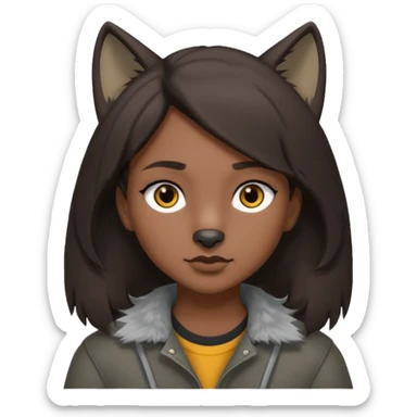 Hobo tomboy with dark brown hair in a wolf cut style that is parted in the middle. brown eyes, dark dull brown coat, grey shirt. sticker