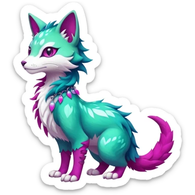 Kawaii colorful iridescent turquoise-green and magenta and white beautiful pretty elegant divine edgy fantasy feline-vernid-sergal-Fakémon-Pokémon-fursona-animal-creature with accessories, full body, with intricate detailed markings sticker
