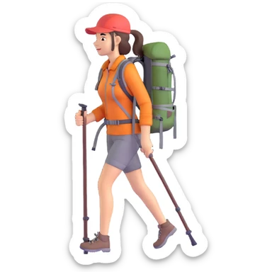 female hiker with backpack and hiking poles sticker
