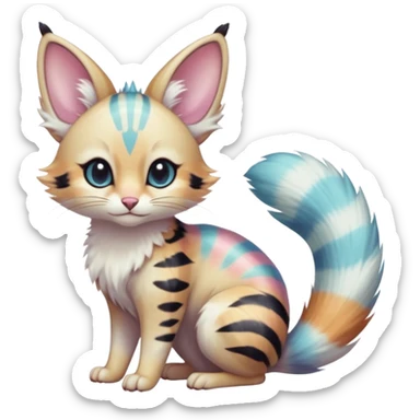  cute adorable whitish pastel fur with random colorful markings iridescent beautiful elegant pretty precious cute  Fakémon-Pokémon-alien-opossum-feline-serval-caracal-chinchilla-Minccino-hybrid-creature with a big fluffy bushy striped tail (full body) sticker