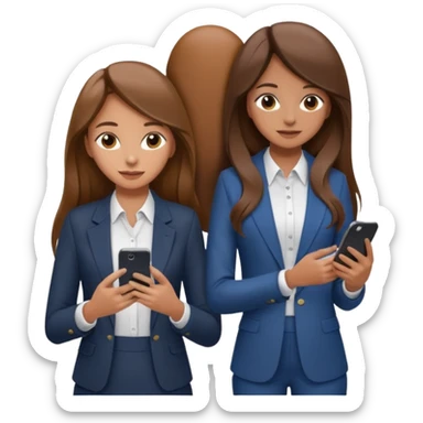 two brown haired girls, looking professional maybe leaned on each others back and looking forward and using phones, with long hair and one girl can hold lap top another one can hold the phone, professional clothes, more stylish sticker