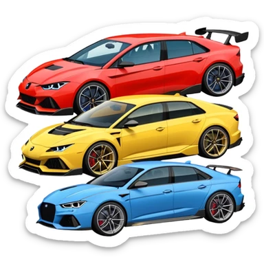 three cars lineup front profile forming a semi circle with a lamboghini svj an bmw m140i and a audi rs6 sticker