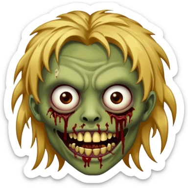 Brown-skinned zombie with messy gold hair, wide centered brown eyes, dark bloody marks under the eyes, and a slightly open mouth showing crooked teeth grillz, giving a distressed, undead look. sticker