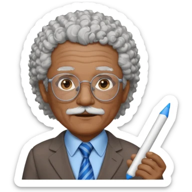 old man teacher, brown skin, curly grey white hai, wearing glasses, brown suit, blue tie hold chalk on hand sticker