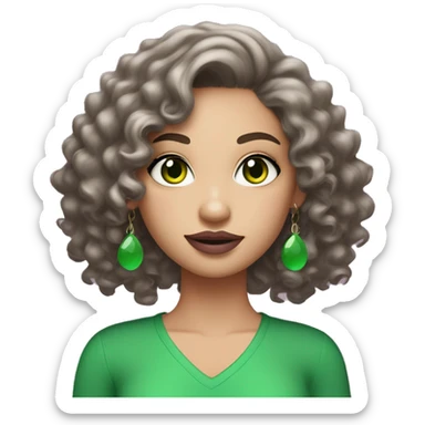 Create an emoji-style character of a WHITE skin girl with bright green eyes, long black curly or wavy hair, wearing hoop earrings. She has a green v-neck top, wears mascara, and is styled with soft pink mauve lipstick sticker