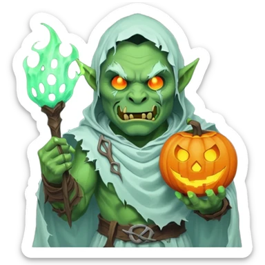 male orc warrior ghost emoji, green skin, tusks, wearing torn white ghost sheet costume, holding glowing jack-o'-lantern, faint blue aura, friendly but spooky expression, Halloween fantasy theme, Apple emoji style, clean white background, square sticker