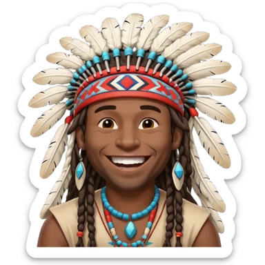Black American man dark brown with dreads with a American Indian headdress with a laughing hard sticker