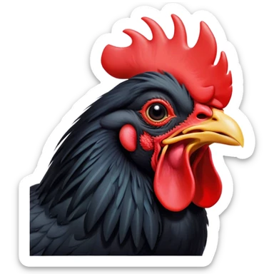Cinematic Cute Yawning Black Rooster Portrait Emoji, Head tilted slightly with a dramatic, wide-open yawn, showcasing a soft, downy black plumage with a crisp red comb and drooping wings, round eyes barely open in drowsy contentment, Simplified yet irresistibly adorable features, highly detailed, glowing with a soft, cozy glow, high shine, relaxed yet expressive, stylized with a touch of whimsy, bright and endearing, soft glowing outline, capturing the essence of a sleepy yet affectionate rooster, so drowsy it feels like it could stretch out of the screen and curl up for a nap! sticker