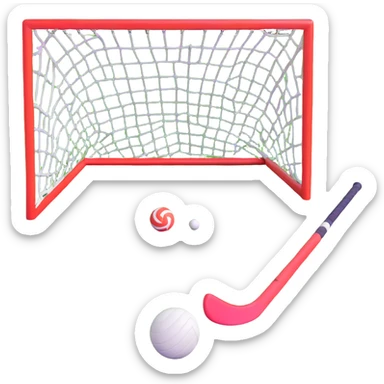 field hockey stick and ball on vibrant green grass field with goalposts sticker