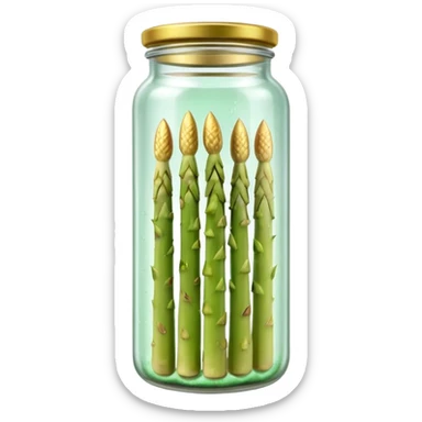 tall clear glass jar filled with upright pale white or green asparagus spears submerged in brine, sealed metallic lid gold or green, slim smooth spears neatly arranged tips upward, no label plate or extras, soft lighting, subtle shadows, transparent background, emoji scale sticker
