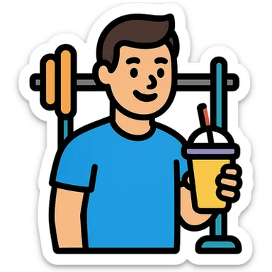 one man smiling and holding a smoothie cup in the gym, icon style, modern and easy to understand sticker