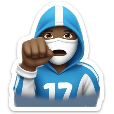 A Football fan with a blue and white hoodie and mask Holding his fist up  sticker