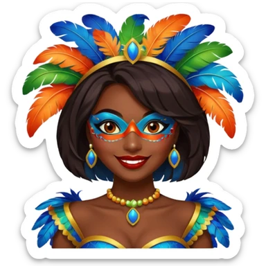 i need the same girl in "dark skin girl, dark red lipstick, nails very beautiful" to be smiling in "carnival mas costume, blue, green and orange preferably, full costume feathers at the back" she is to be smiling, hair should be dark and in a bob  sticker