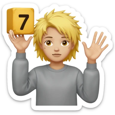 in a grey sweatshirt and yellow messy hair hold his hands out one hand hes holding a block that says 6 and in his other and a block that says 7 sticker