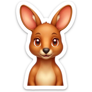 Cinematic Cute Kangaroo Portrait Emoji, Head tilted playfully and inquisitively, featuring a glossy red-orange fur with soft, rounded ears and round, sparkling amber eyes full of curious mischief, Simplified yet irresistibly adorable features, highly detailed, glowing with a warm, friendly glow, high shine, affectionate and bouncy, stylized with a touch of outback whimsy, bright and endearing, soft glowing outline, capturing the essence of a mischievous yet loving kangaroo, so playful it feels like it could hop out of the screen and into your arms! sticker
