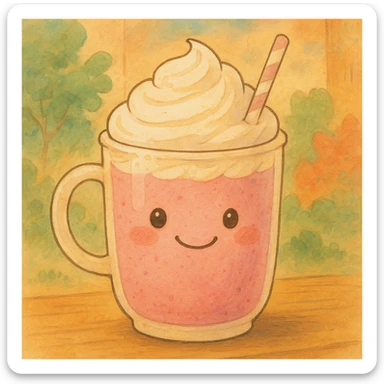 a pink mocha with whipped cream and a smiling face, cute and inviting, in Ghibli style sticker
