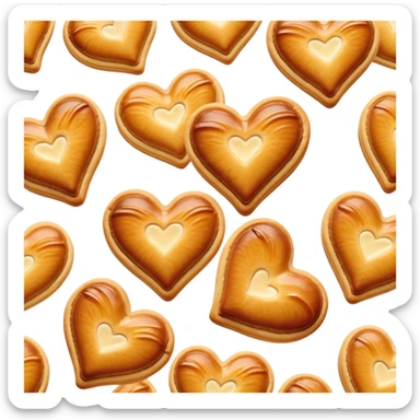Cinematic crisp palmier, golden-brown heart-shaped pastries, perfectly caramelized layers, delicate and flaky, warm glowing background, inviting and delicious. sticker
