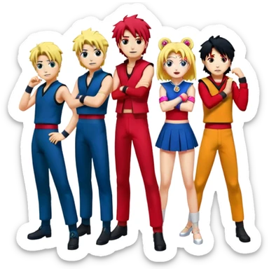 Icon for Anime Collage: Characters from Cowboy Bebop, Naruto, Bishoujo Senshi Sailor Moon and Kimetsu no Yaiba, each in their iconic poses and vibrant outfits, blended together with dynamic backgrounds. Transparent background. sticker