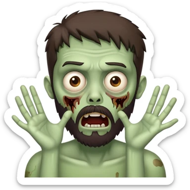 shocked zombie with hands on face, dark brown hair and short full beard sticker