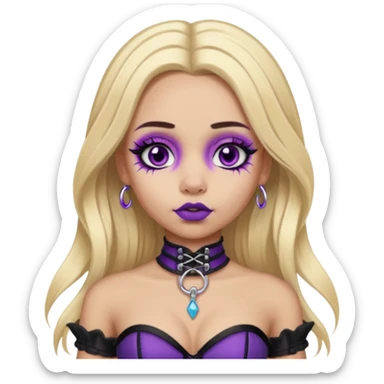 Ai light skin girl , who has straight long length blonde hair with heavy purple streaks , hazel eyes , and doll like makeup , with a septum piercing, nostril piercing, in a black corset emoji sticker