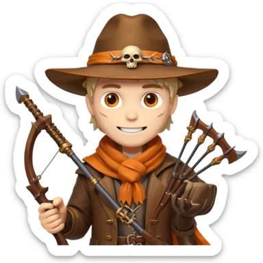 male human monster hunter emoji, wearing brown leather coat and wide hat, holding crossbow or rifle, with amulet shaped like skull, Halloween fantasy theme, confident smile, orange scarf, Apple emoji style, clean white background, square image sticker