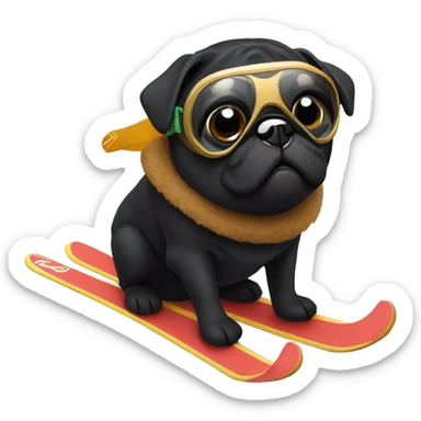 Black pug with a curly tail and goggles skiing on a snowy mountain sticker