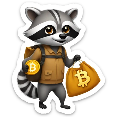 racoon carrying a bag of bitcoin with a smirk face sticker