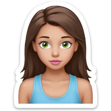 Create a teen girl wearing a light blue tank top. She will have long brunette hair, tan skin, pink lips, and grey-green eyes. She has long eyelashes. She also has light freckles  sticker