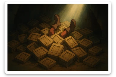 A pile of small oblong crates hidden in a dark area with a beam of light shining from above, with someone’s boots sticking out like they dove in sticker