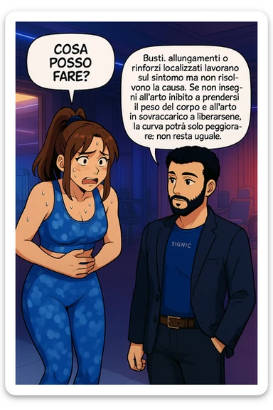 ispirati a questo stile di disegno e fai questa immagine in versione manga/webtoon a colori, il manga mostra la donna preoccupata che chiede: "COSA POSSO FARE?" E L'UOMO CHE RISPONDE: Busti, allungamenti o rinforzi localizzati lavorano sul sintomo ma non risolvono la causa. Se non insegni all’arto inibito a prendersi il peso del corpo e all’arto in sovraccarico a liberarsene, la curva potrà solo peggiorare; non resta uguale. Commenta con scoliosi e ti mando un esempio del lavoro da fare per recuperare simmetria ed eliminare il dolore. sticker