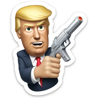 Donald trump holding a silver squirt gun in one hand and aiming it at the side of his head and giving a thumbs up with his other hand sticker
