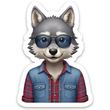 head and shoulders friendly anthropomorphised wolf in plaid shirt and jeans, wearing dark sunglasses, relaxed pose sticker