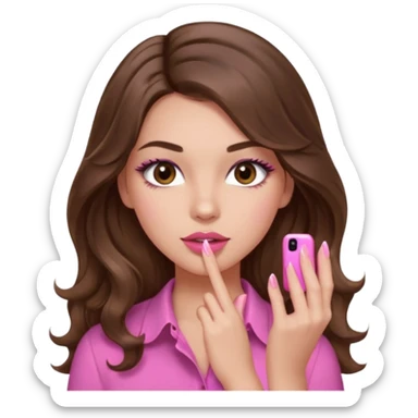 girl with long wavy brown hair, brown eyes, light to medium complexion, in a pink shirt, pink lips, long lashes, puckered lips, showing off a pink manicure sticker