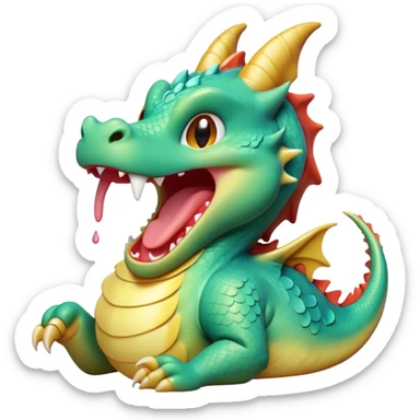 Cinematic Cute Yawning Dragon Portrait Emoji, Head tilted slightly with a dramatic, wide-open yawn, showcasing a soft, lustrous scaled body with gently drooping fins and half-closed, drowsy eyes, each scale rendered in exquisite detail under natural light; high shine, relaxed yet expressive, styled with a dash of fantastical charm, soft glowing outline, capturing the essence of a sleepy yet affectionate dragon that appears ready to stretch out and rest in its enchanted lair! sticker