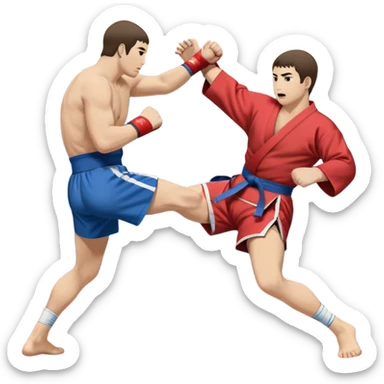 An icon symbolizing Sambo, featuring two fighters in blue and red kimonos with shorts. One executes a powerful throw, while the other attempts a defensive grab. The fighters are engaged in a grapple, using joint locks and sweeps. The background features a wrestling mat/ sticker
