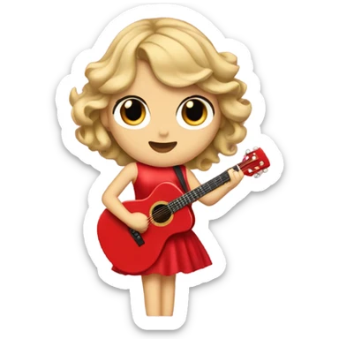 Taylor swift in a red dress and a red guitar hole with a microphone stand in front of her sticker