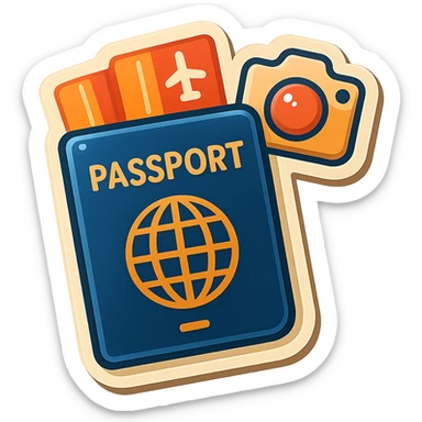 vector-style drawing of a passport with two tickets sticking out, and a small camera icon above or beside the passport, in a retro sticker style with bold outlines and glossy highlights sticker