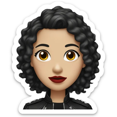 White girl, with long curly black hair, with red lipstick, black winged eyeliner, wearing black shirt and black leather jacket sticker