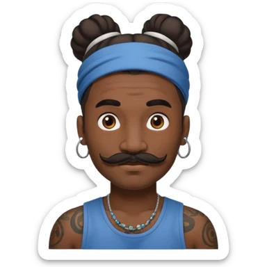 single big bun hair man and mustache and face tattoos very heavy and headband sticker