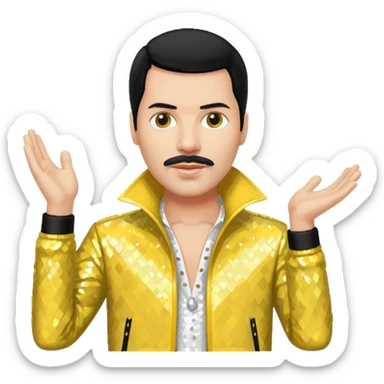 Freddie Mercury with black hair, white sequin shirt, yellow sequin jacket sticker
