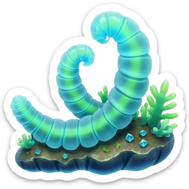 3D render of Crystal Cave Worms, bioluminescent deep sea style, glowing neon blue and green lights, dark background to contrast the glow, translucent organic textures. sticker