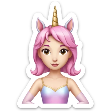 head and shoulders of an anthropomorphised female unicorn ballerina, straight on view, relaxed pose, clearly a unicorn, apple emoji style sticker