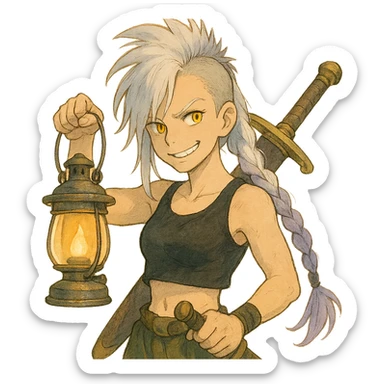 A sword maiden, mohawk, long braid white hair with lavender and tips long messy bangs one side, gold yellow eyes, black crop top, brandishing a lantern. Mischievous smirk sticker