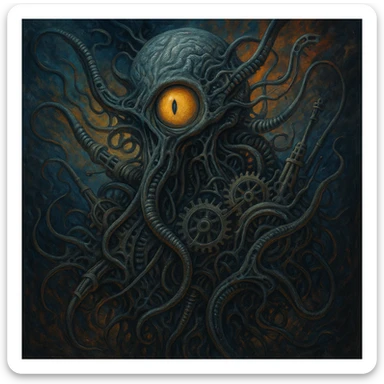 AI as a surreal otherworldly force blending organic and mechanical elements in a way that defies logic sticker