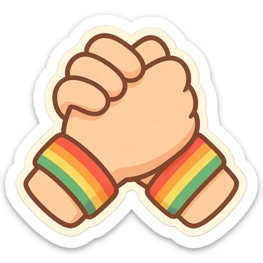 chibi sticker-style pair of clasped hands with rainbow bracelets, cute and exaggerated sticker