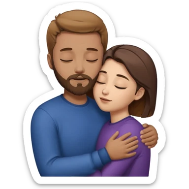draw a man and a woman hugging each other passionately. looking toward each other. woman has short hair. man has short hair and beard. draw them with closed eyes. woman has dark brown hair. and man has light brown. sticker