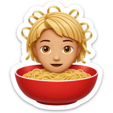 Chinese cuisine humanless avatar in bright emoji-style illustration. Noodles bowl, red and gold colors, simple shapes, flat design, bold and energetic. sticker