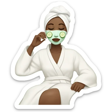 White girl with Brown hair and blue eyes wears a Green colored skincare clay textured mask and puts on cucumbers around her eyes while She relaxes in her white Robe sticker