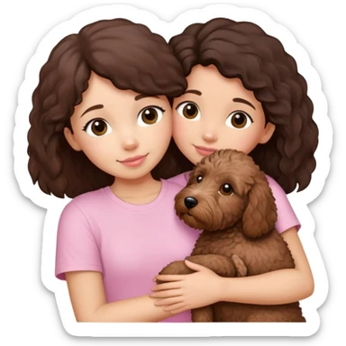 One girl with medium long dark brown hair dressing baby pink T-shirt, hugging One little brown coated labradoodle. sticker